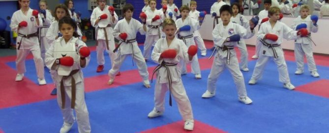 martial arts kids on red and blue carpet