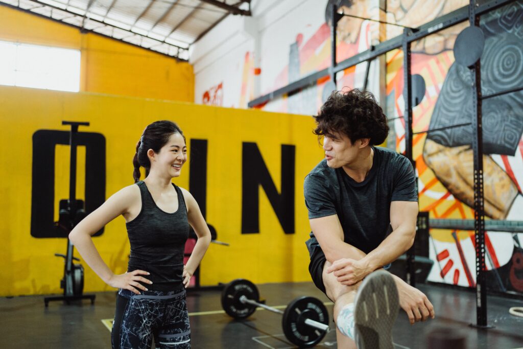 two people talking after a workout
