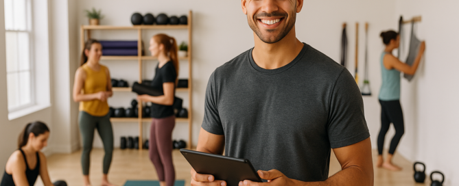 New gym owner smiling while reviewing Zen Planner dashboard
