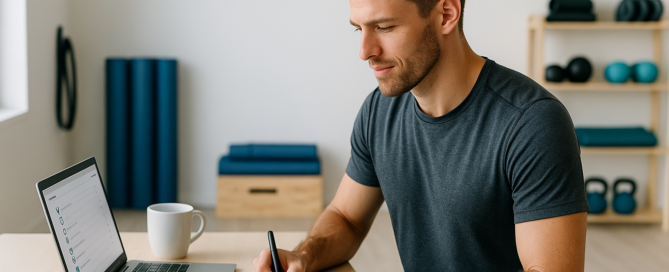 Fitness entrepreneur reviewing startup software checklist on tablet