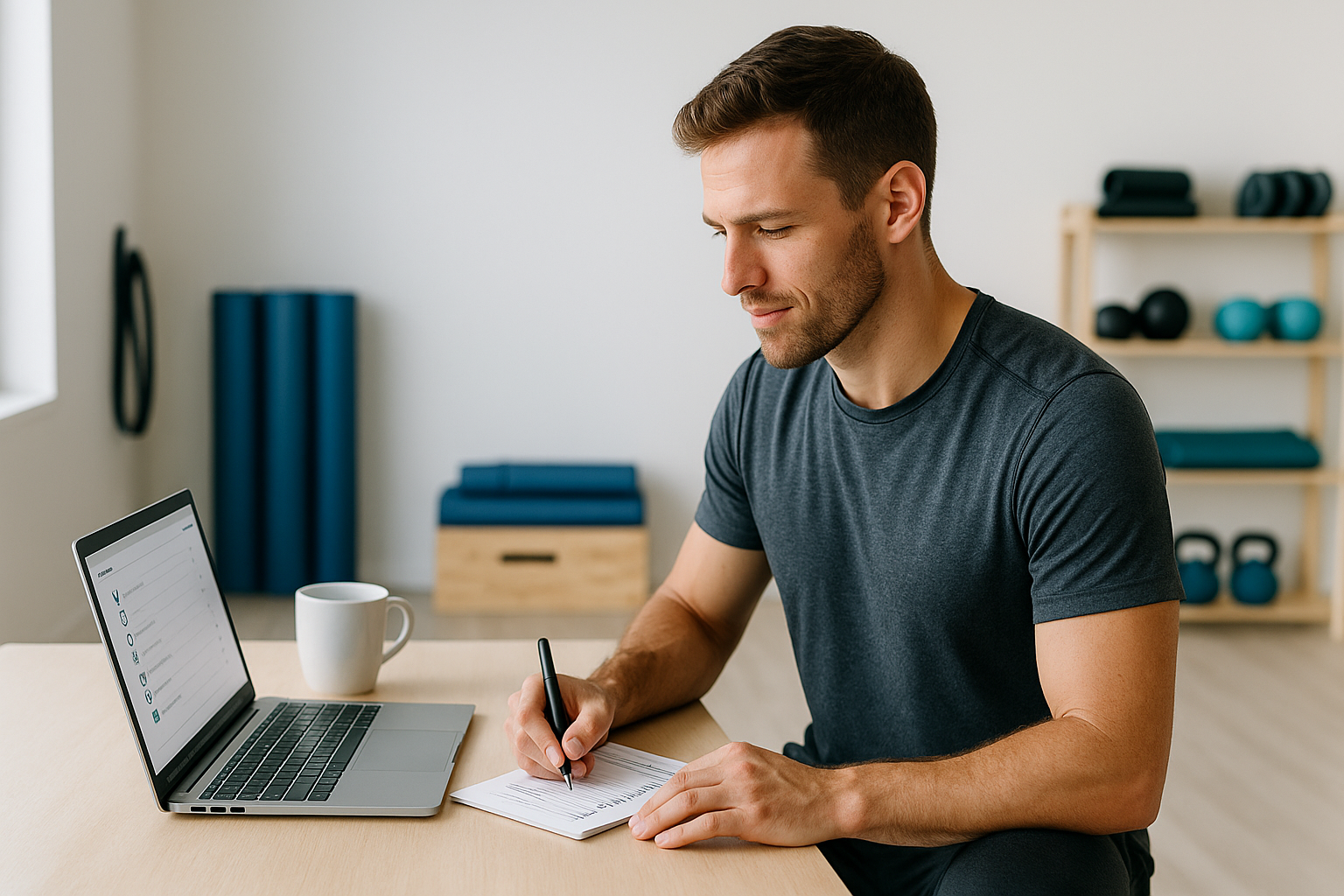 Fitness entrepreneur reviewing startup software checklist on tablet