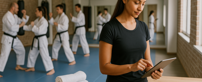 Fitness studio owner comparing Zen Planner pricing plans on a tablet