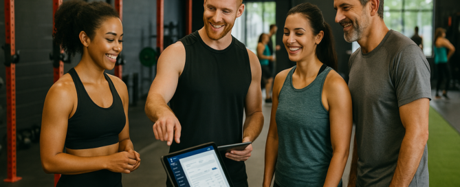 Gym members interacting during class, highlighted by community stats in Zen Planner