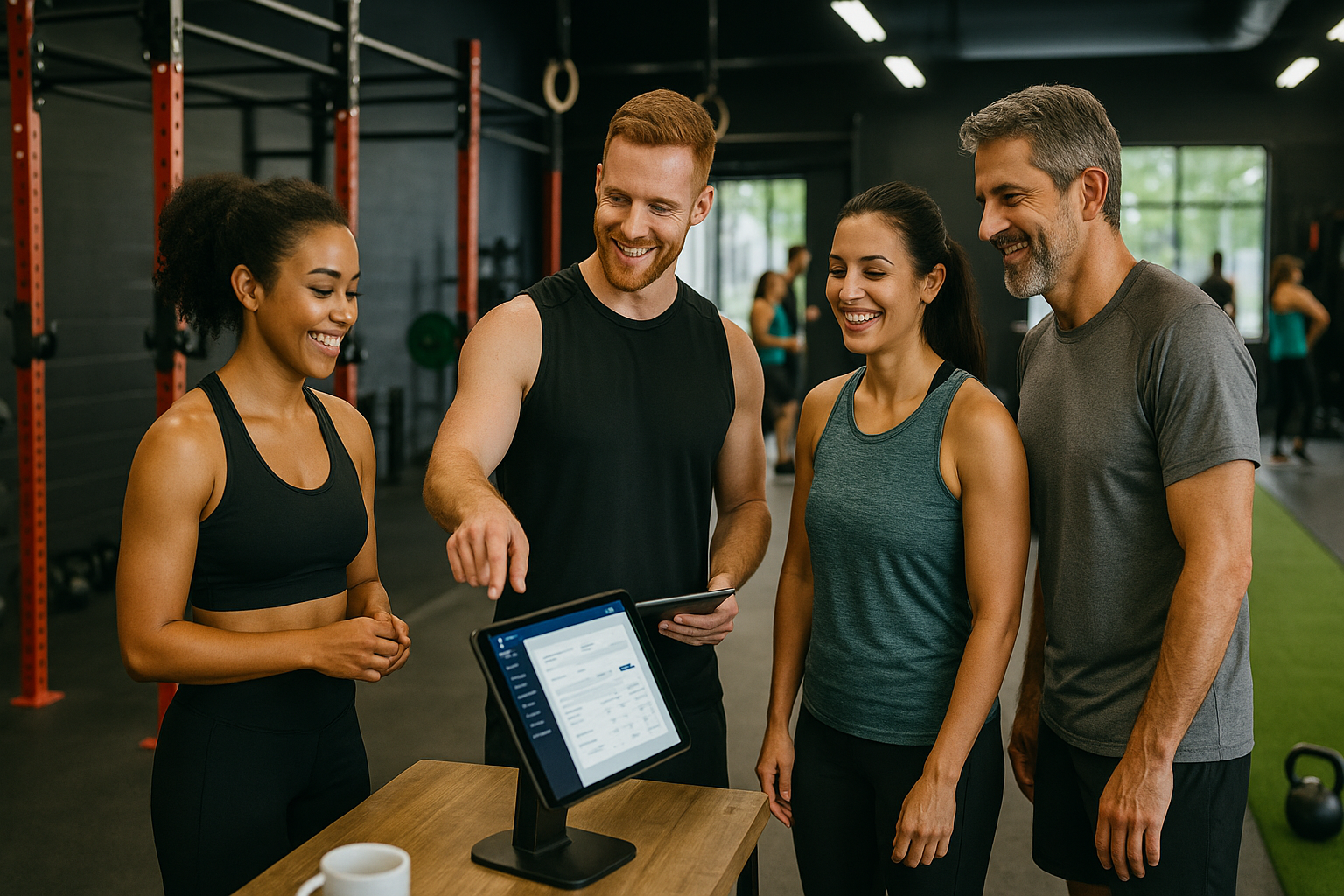 Gym members interacting during class, highlighted by community stats in Zen Planner