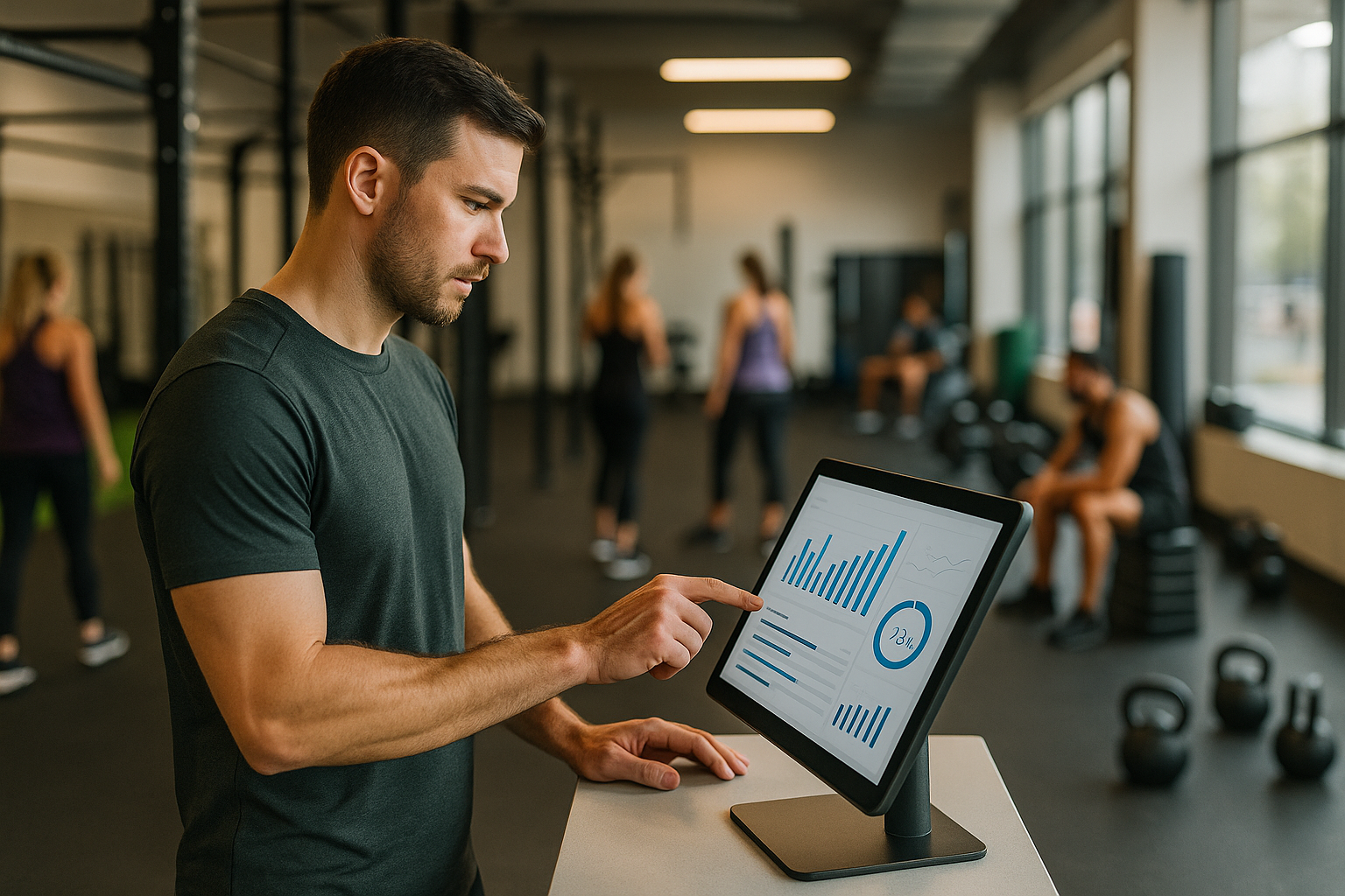 Fitness business owner reviewing lead generation stats in Zen Planner CRM