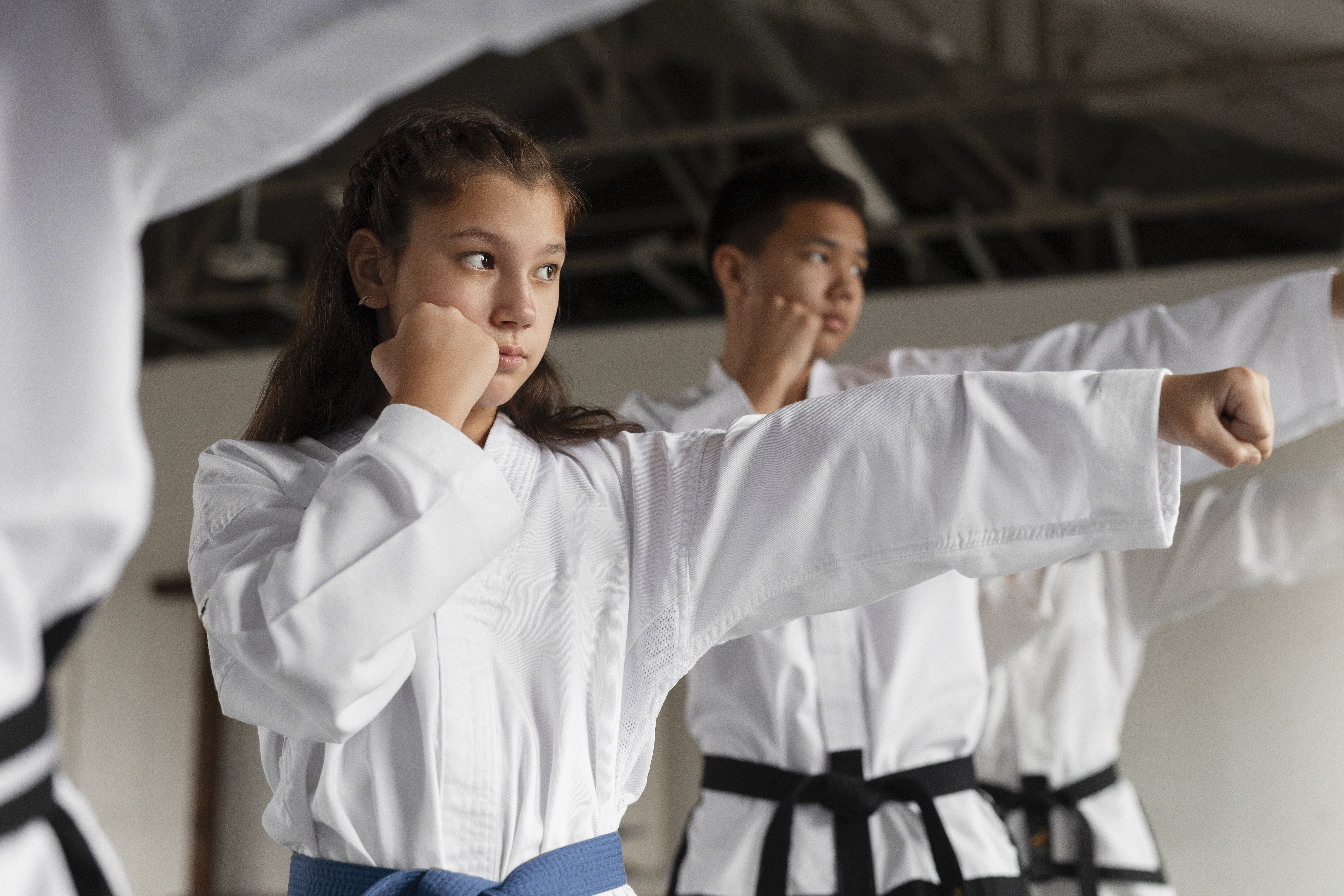 Martial arts students practicing punching technique in class.