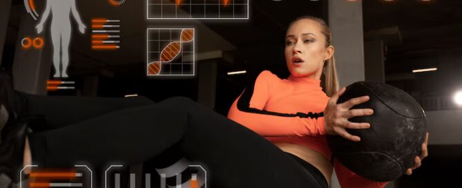 Woman Exercising with Medicine Ball and Digital Fitness Data Overlay