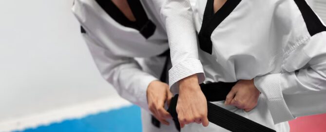 Focused martial artists in uniform