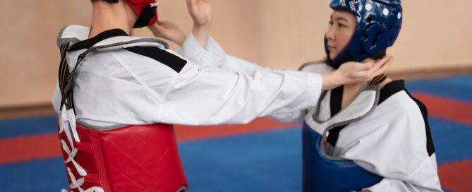 Two Martial Artists in Protective Gear Sparring During a Training Session