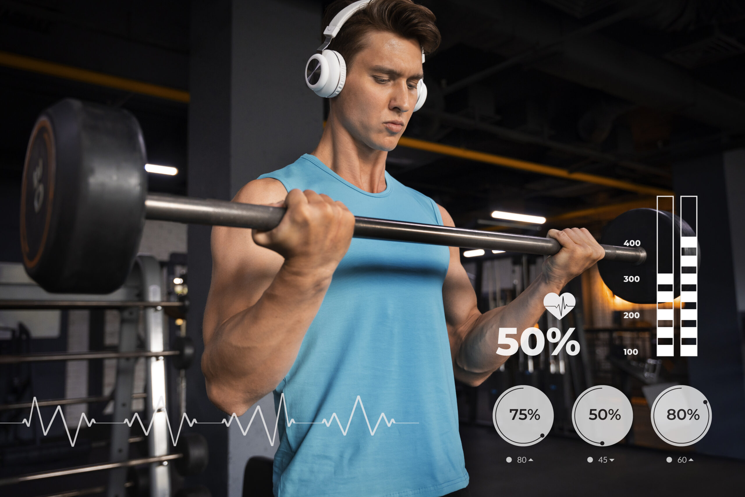 Man tracking workout progress with gym software