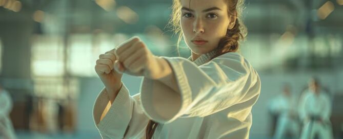 Focused Young Martial Artist Practicing a Forward Punch in a Dojo