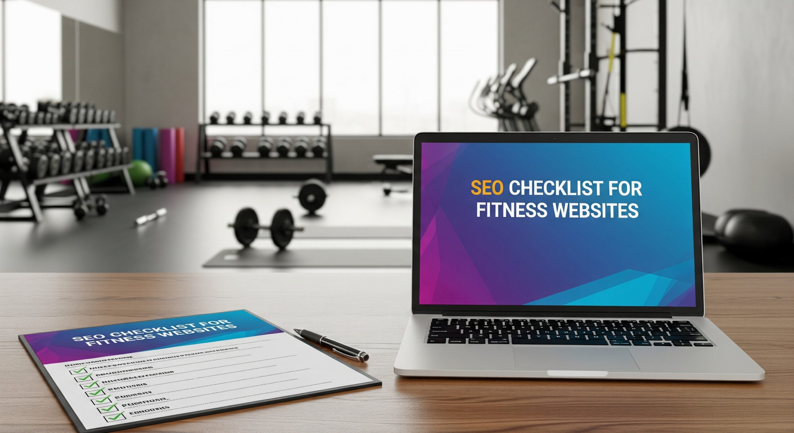 SEO checklist for fitness websites with laptop, checklist, and fitness studio images