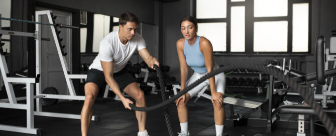 Man and woman training together with battle ropes in a fitness studio