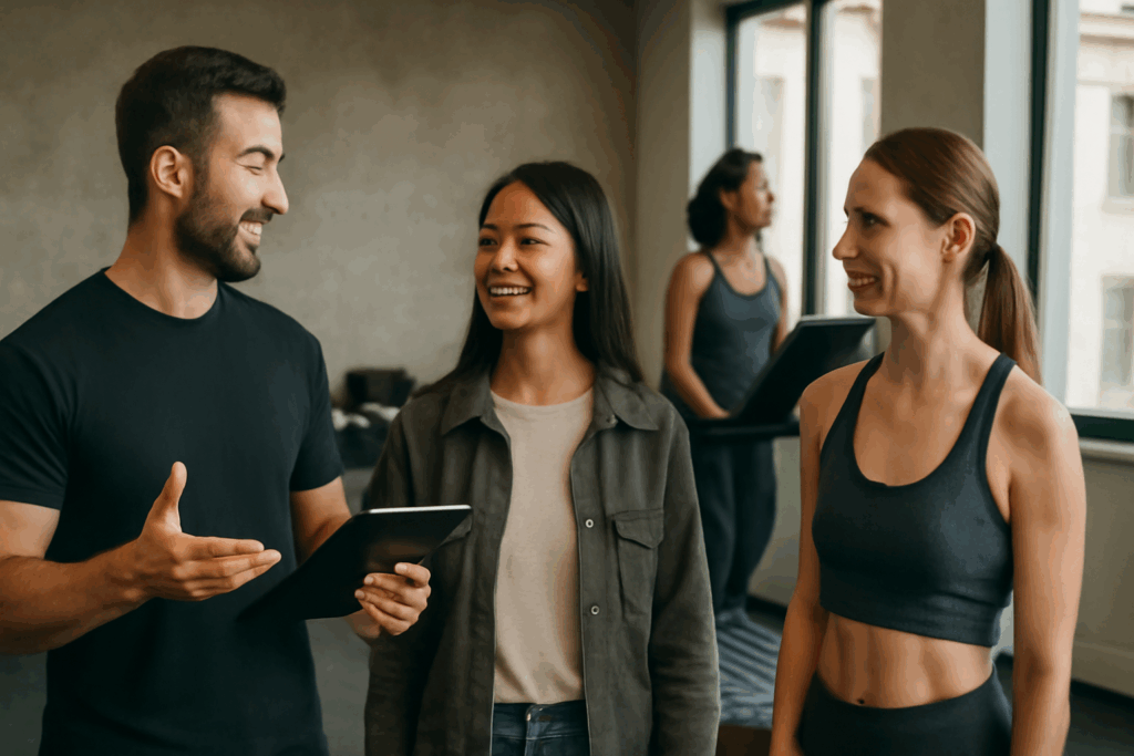 A Gym Tour Guide Showcasing Facility Highlights to Potential Leads