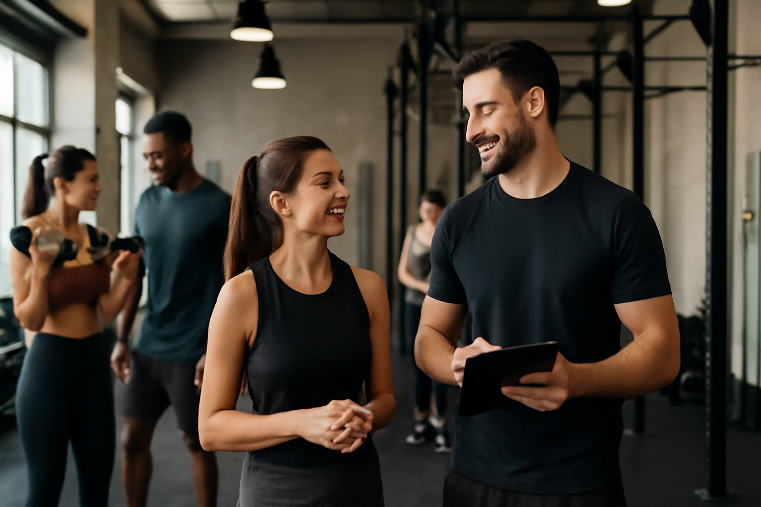 A Fitness Studio Featuring Staff and Members Engaged in Workouts