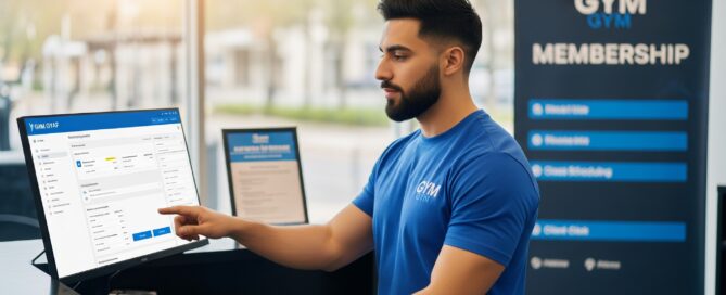 Gym staff using management software at the front desk