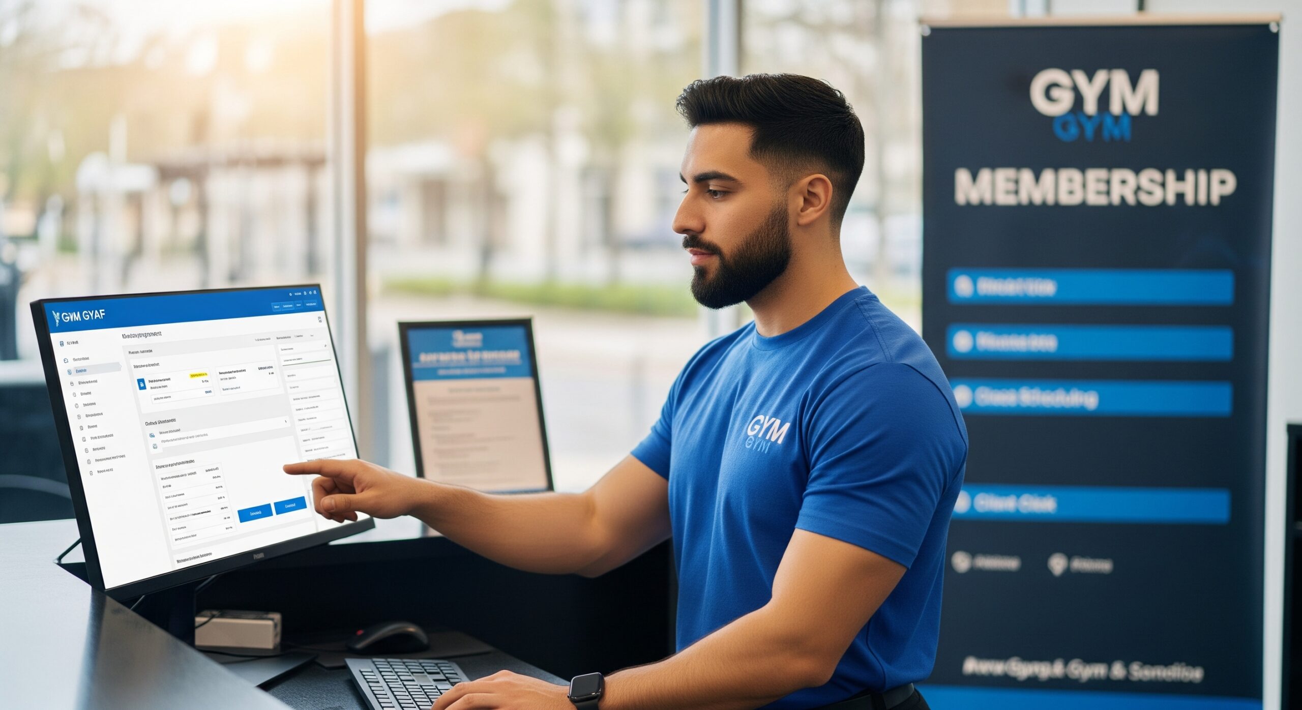 Gym staff using management software at the front desk