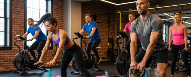 Corporate professionals working out at a boutique fitness gym