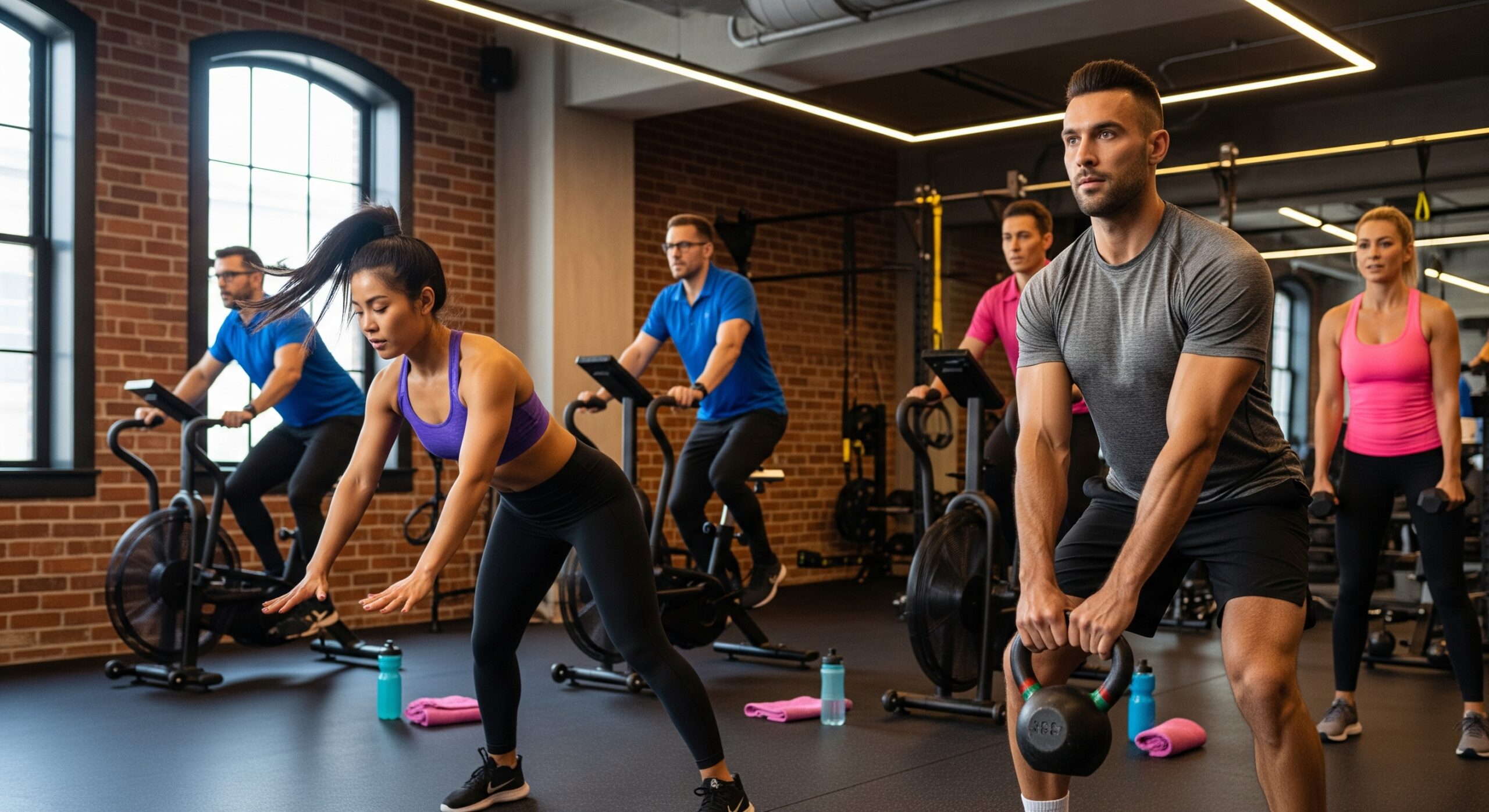 Corporate professionals working out at a boutique fitness gym