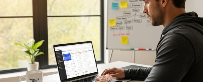 A solopreneur fitness coach using fitness business management software on a laptop