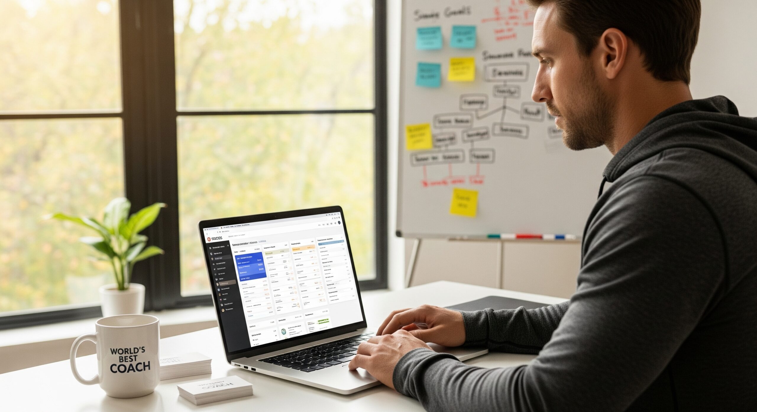 A solopreneur fitness coach using fitness business management software on a laptop