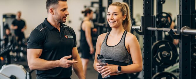 A gym trainer talking to a smiling client post-workout for a testimonial