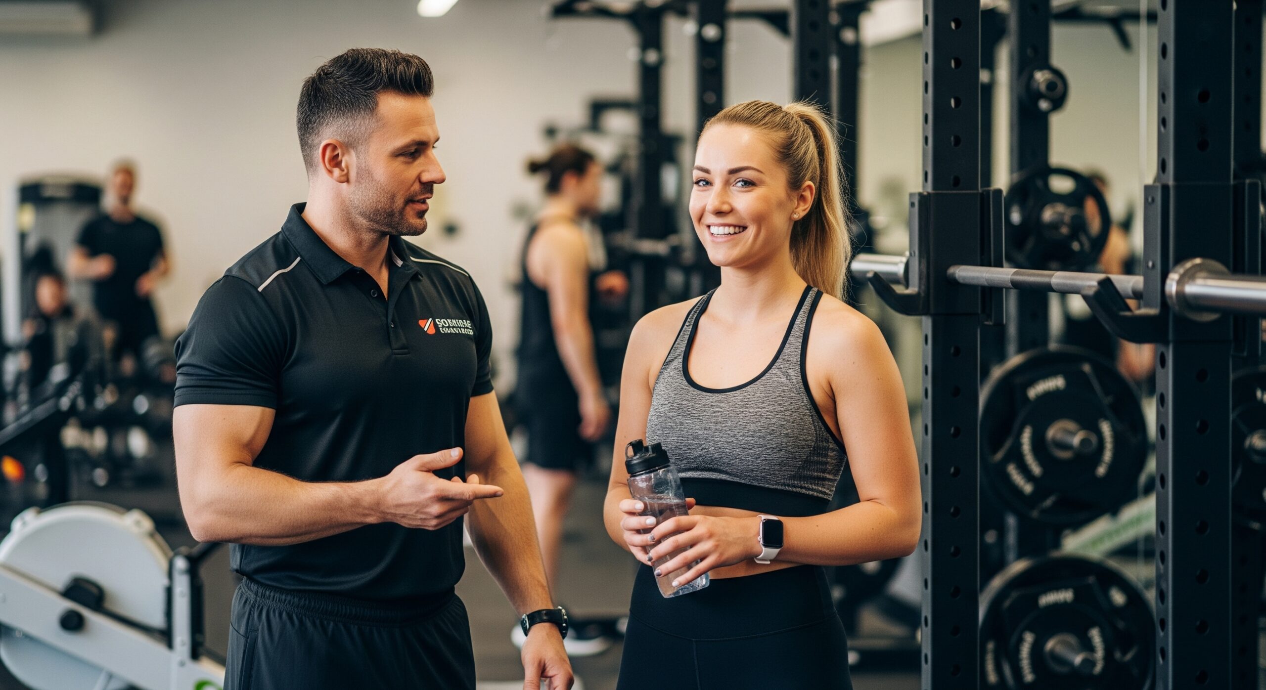 A gym trainer talking to a smiling client post-workout for a testimonial
