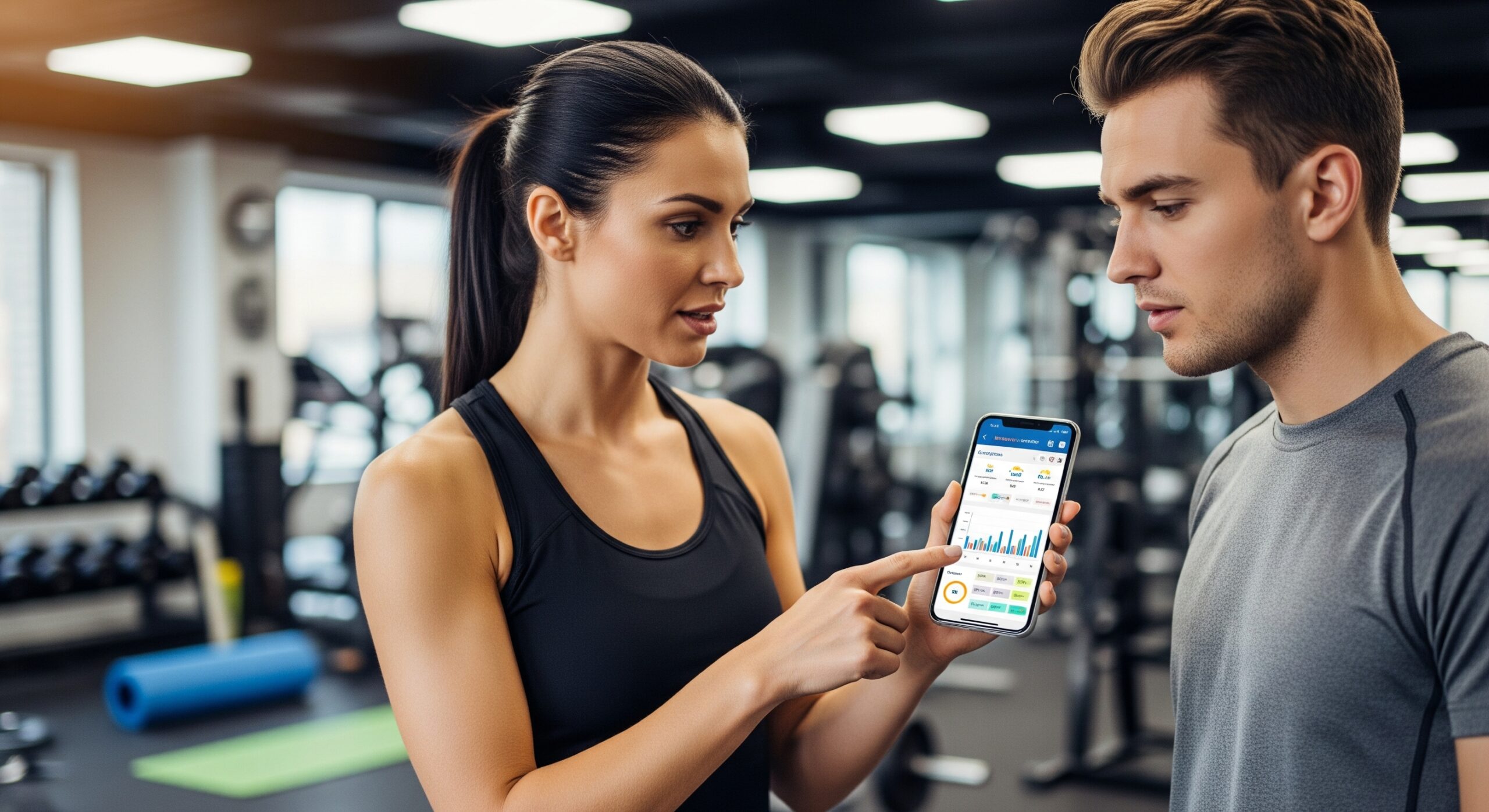 Gemini_Generated_Image_5xopaz5xopaz5xop Trainer showing a member a fitness app on a smartphone