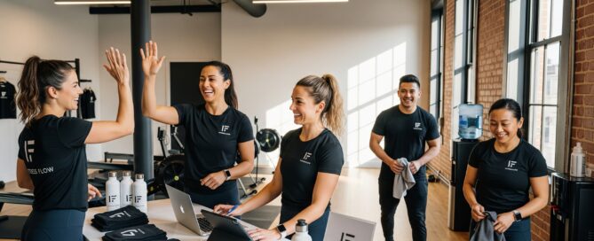 Gym staff smiling and working together at a boutique fitness studio