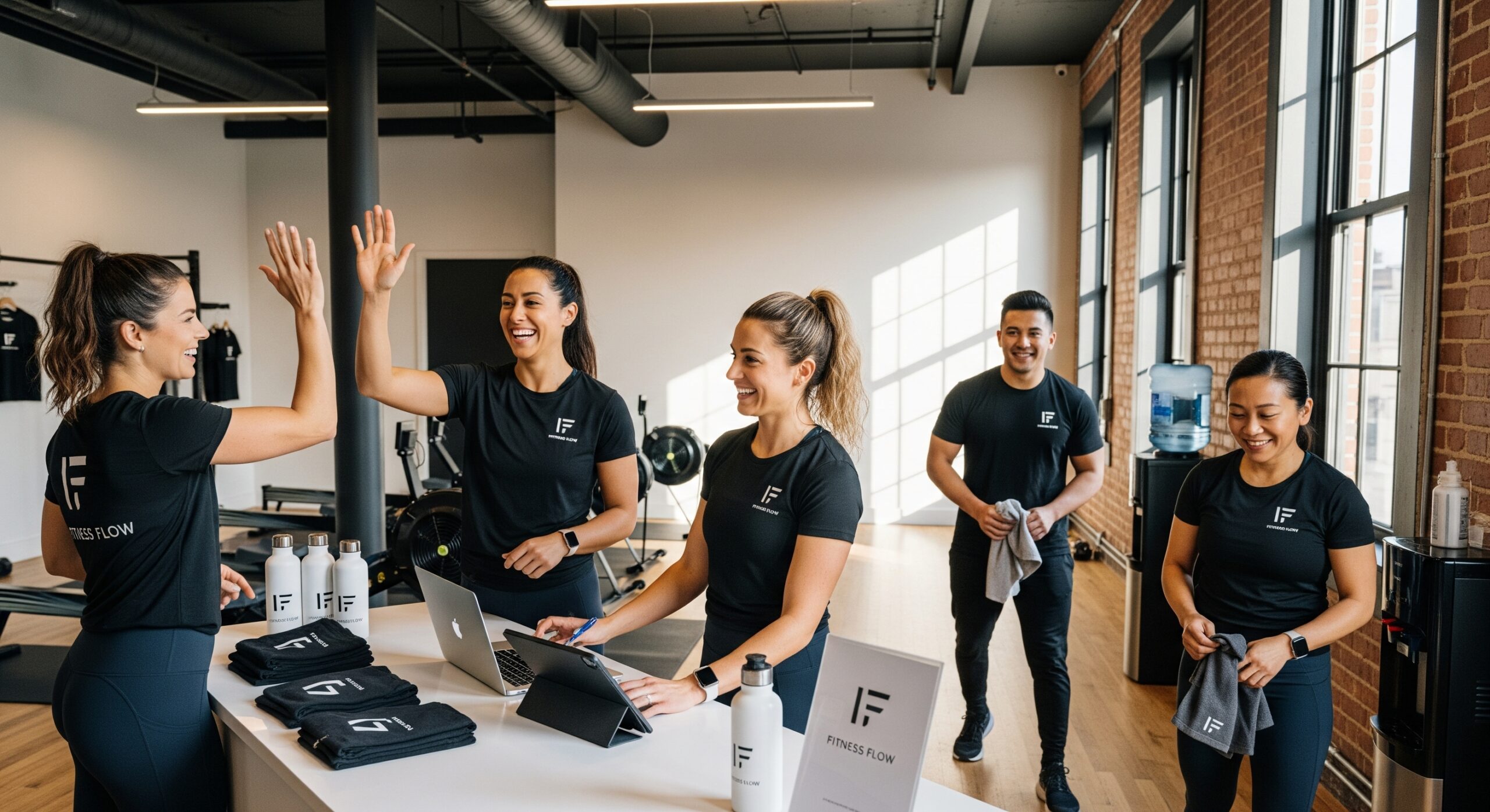 Gemini_Generated_Image_75wk8l75wk8l75wk Gym staff smiling and working together at a boutique fitness studio