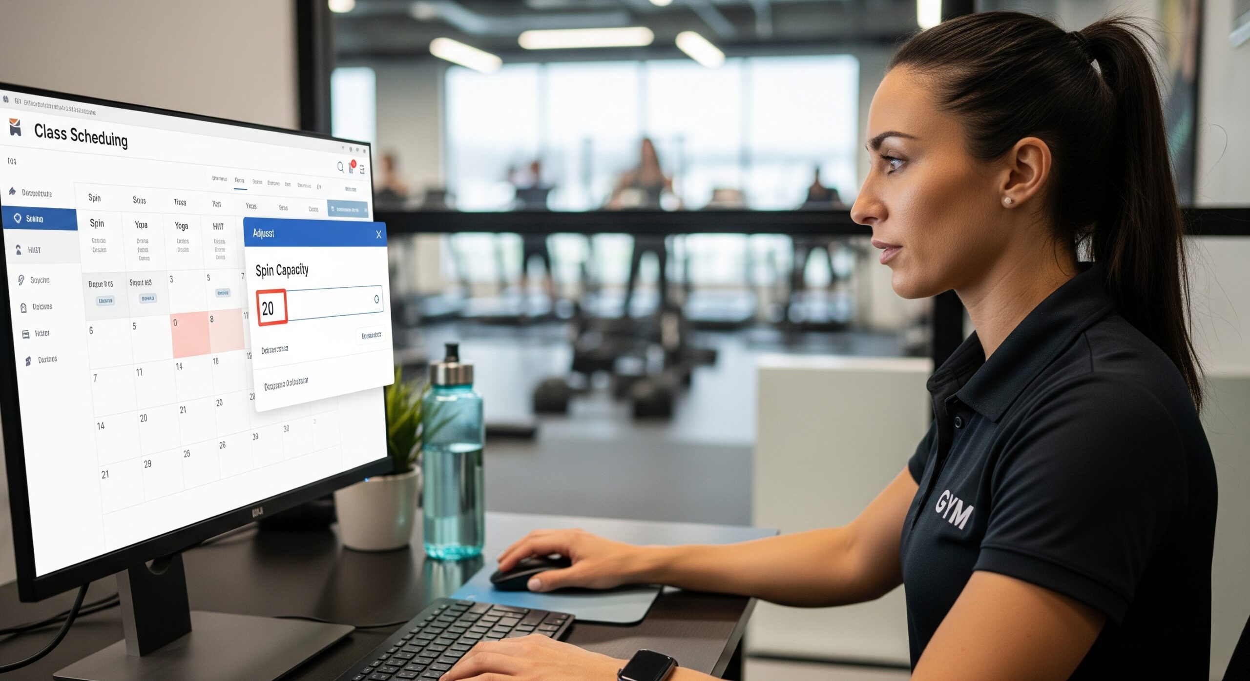 Gym manager configuring class capacity on a computer
