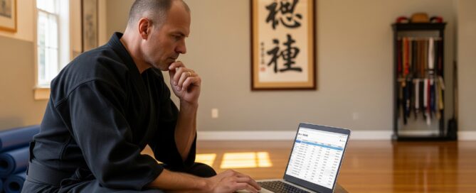Martial arts instructor reviewing billing software on a laptop in a dojo