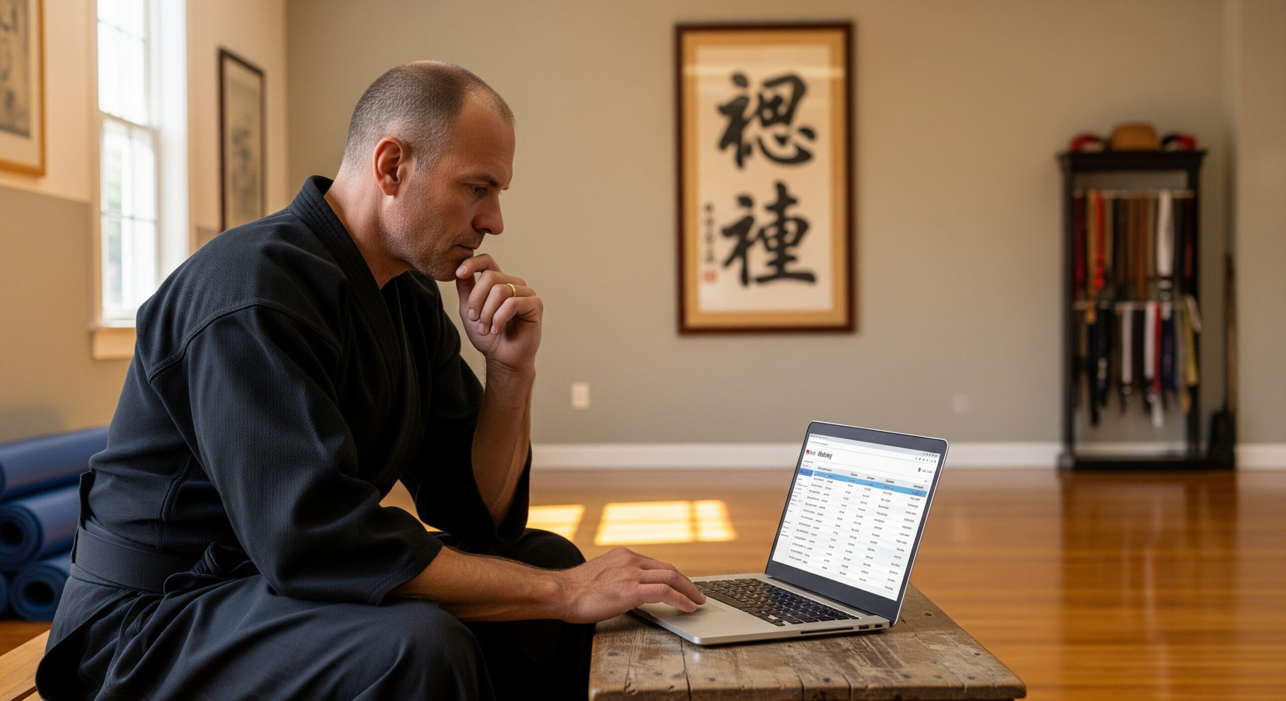 Martial arts instructor reviewing billing software on a laptop in a dojo