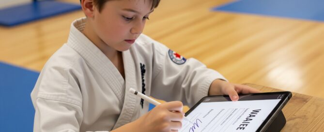Martial arts student signing digital waiver form on a tablet