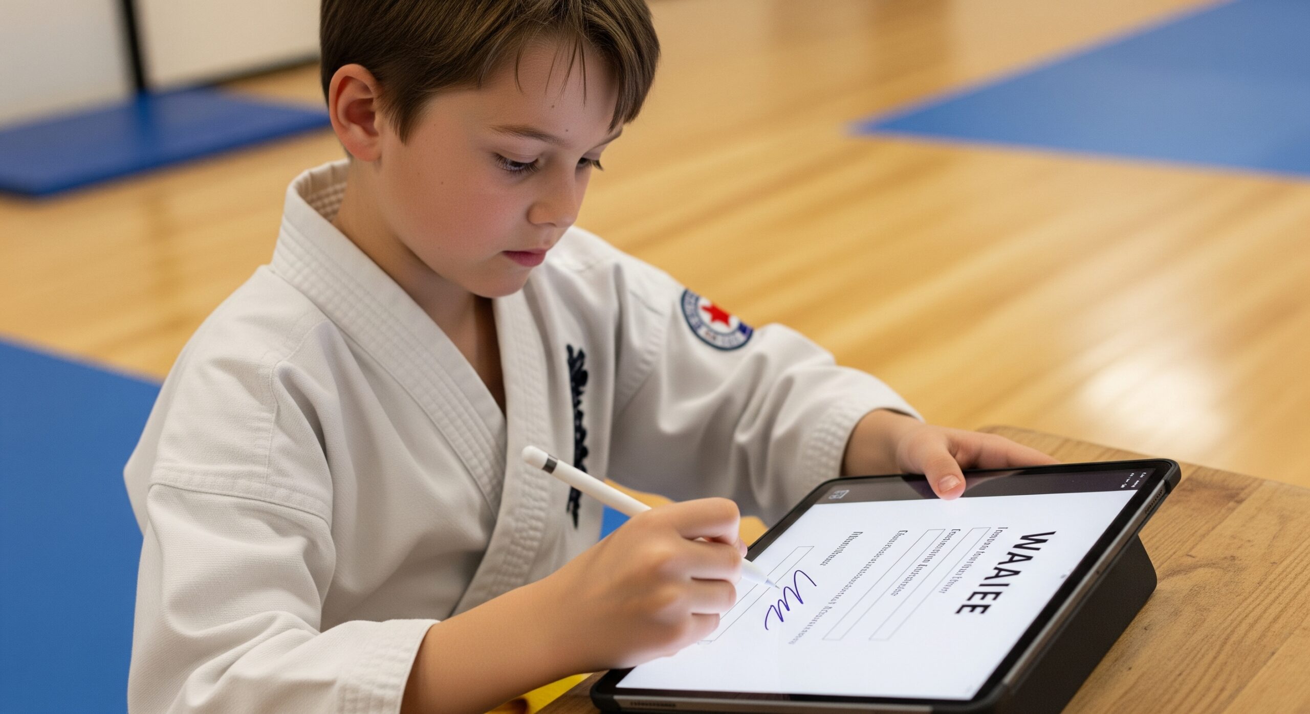 Martial arts student signing digital waiver form on a tablet