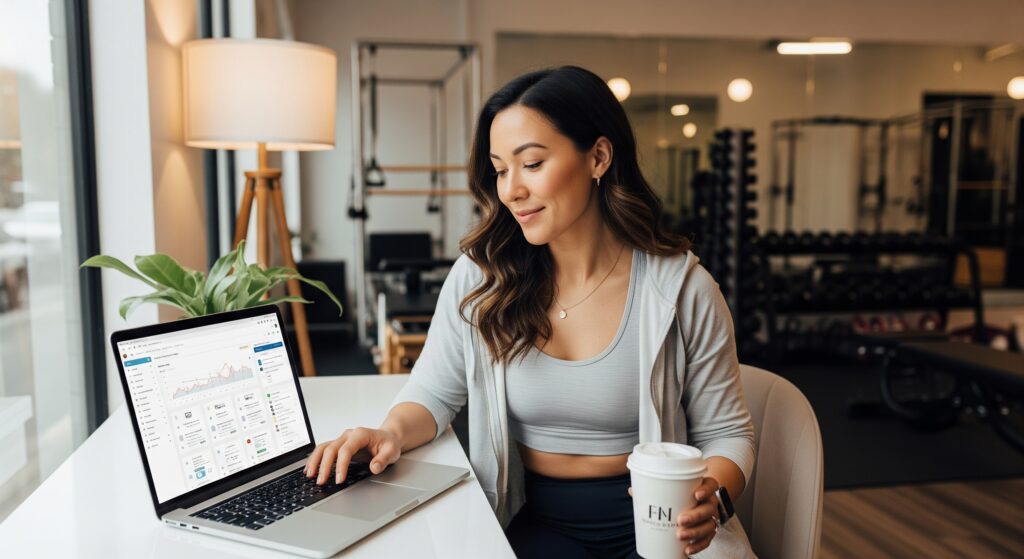 Fitness coach automating boutique studio marketing from laptop