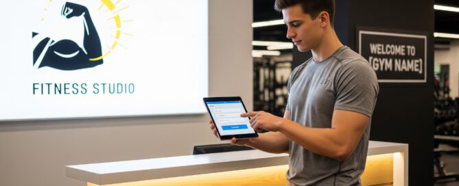 Gym member using a tablet to check in at a fitness studio