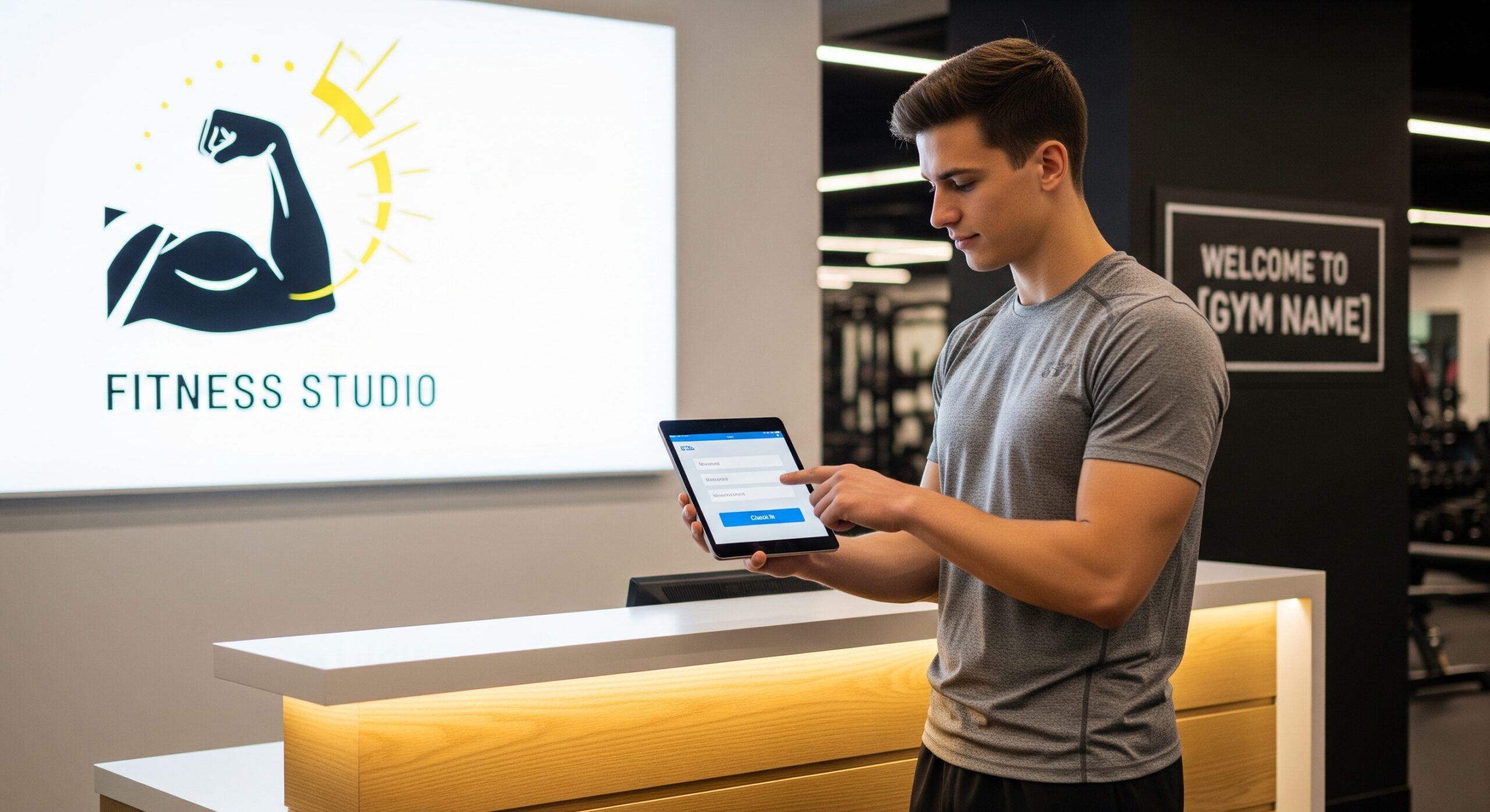 Gym member using a tablet to check in at a fitness studio