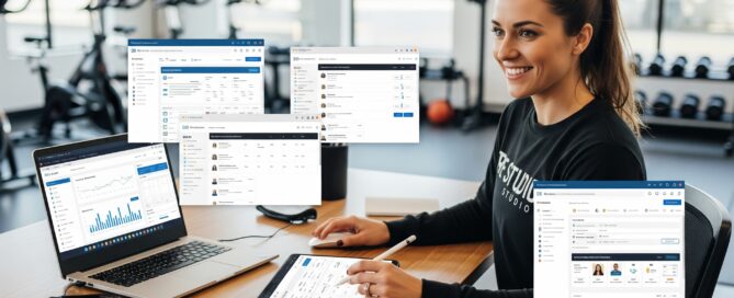 Fitness studio owner managing business with software tools.