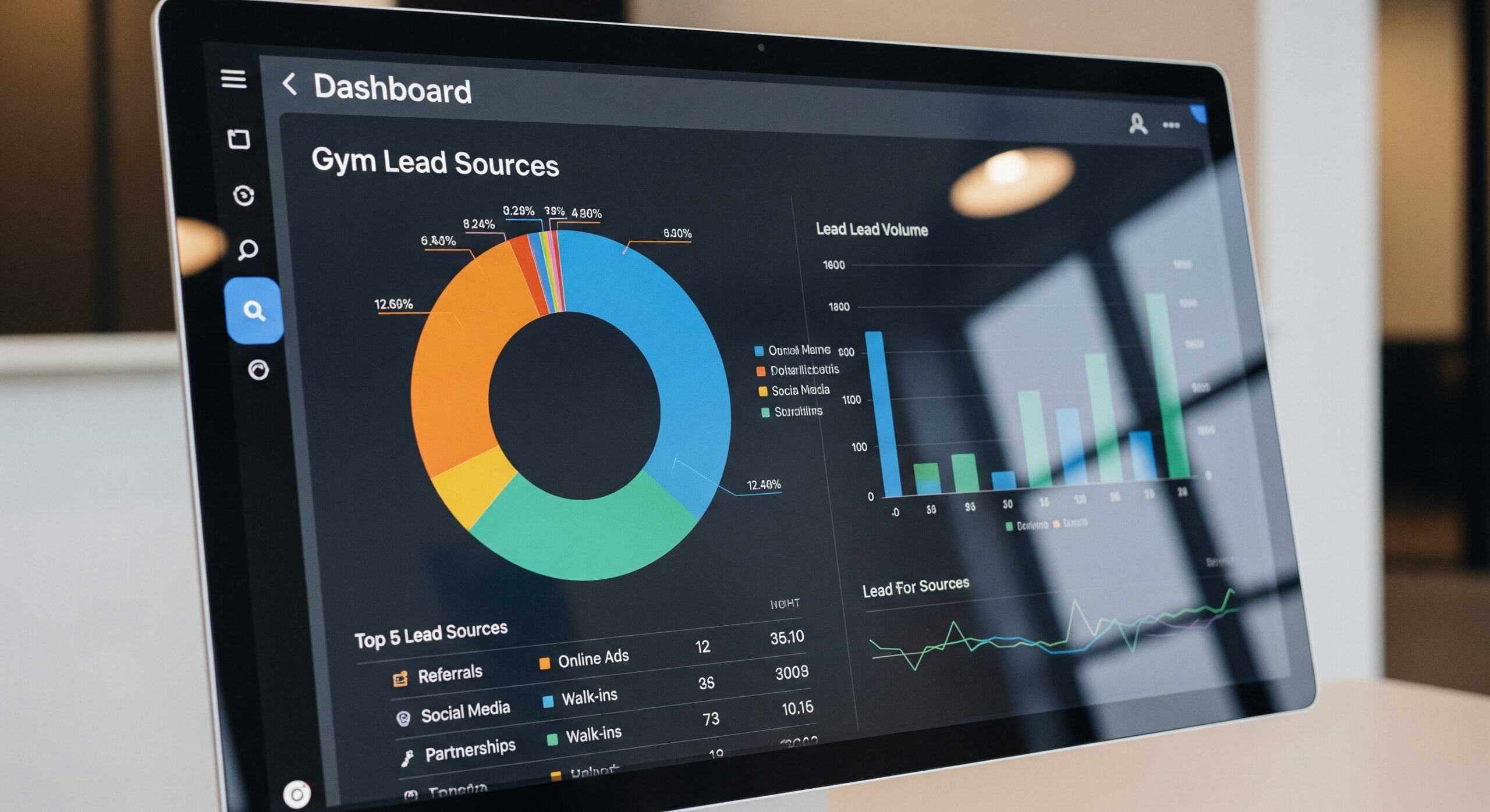Dashboard showing gym lead sources on a screen