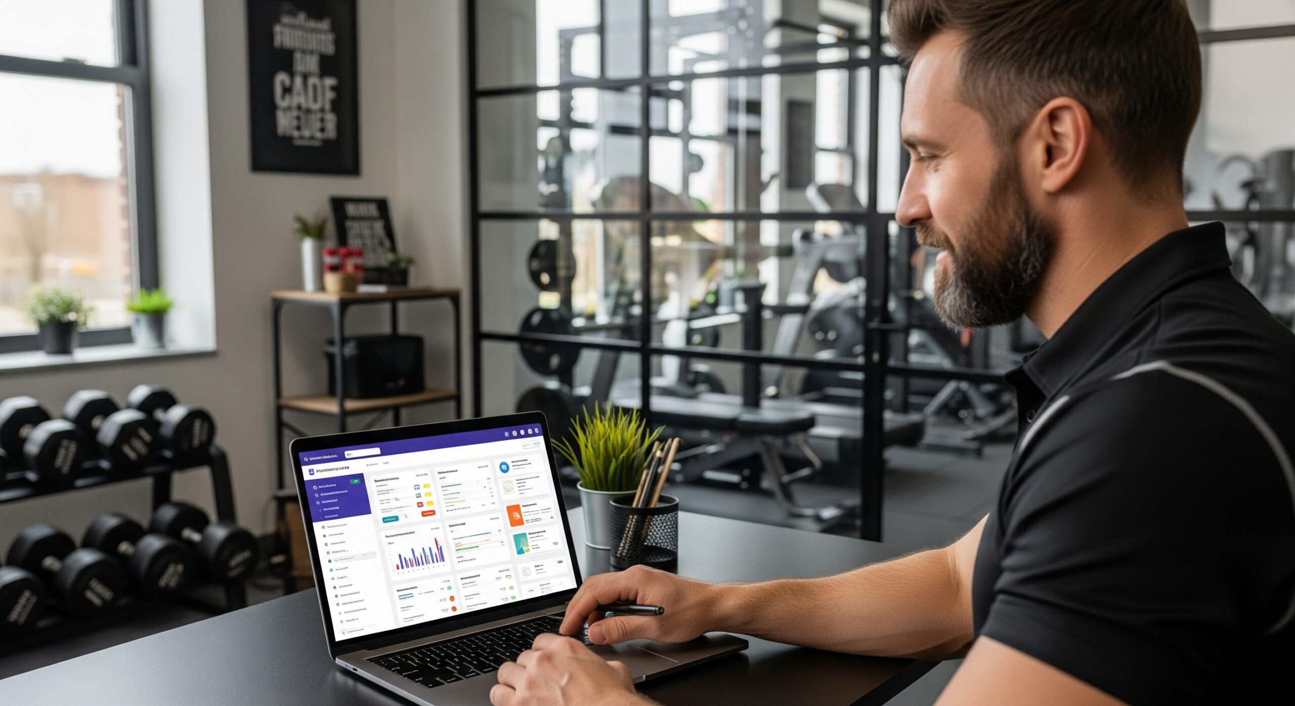 gym owner using gym membership software dashboard on laptop