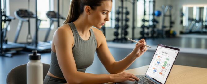 Trainer planning content on laptop in fitness studio