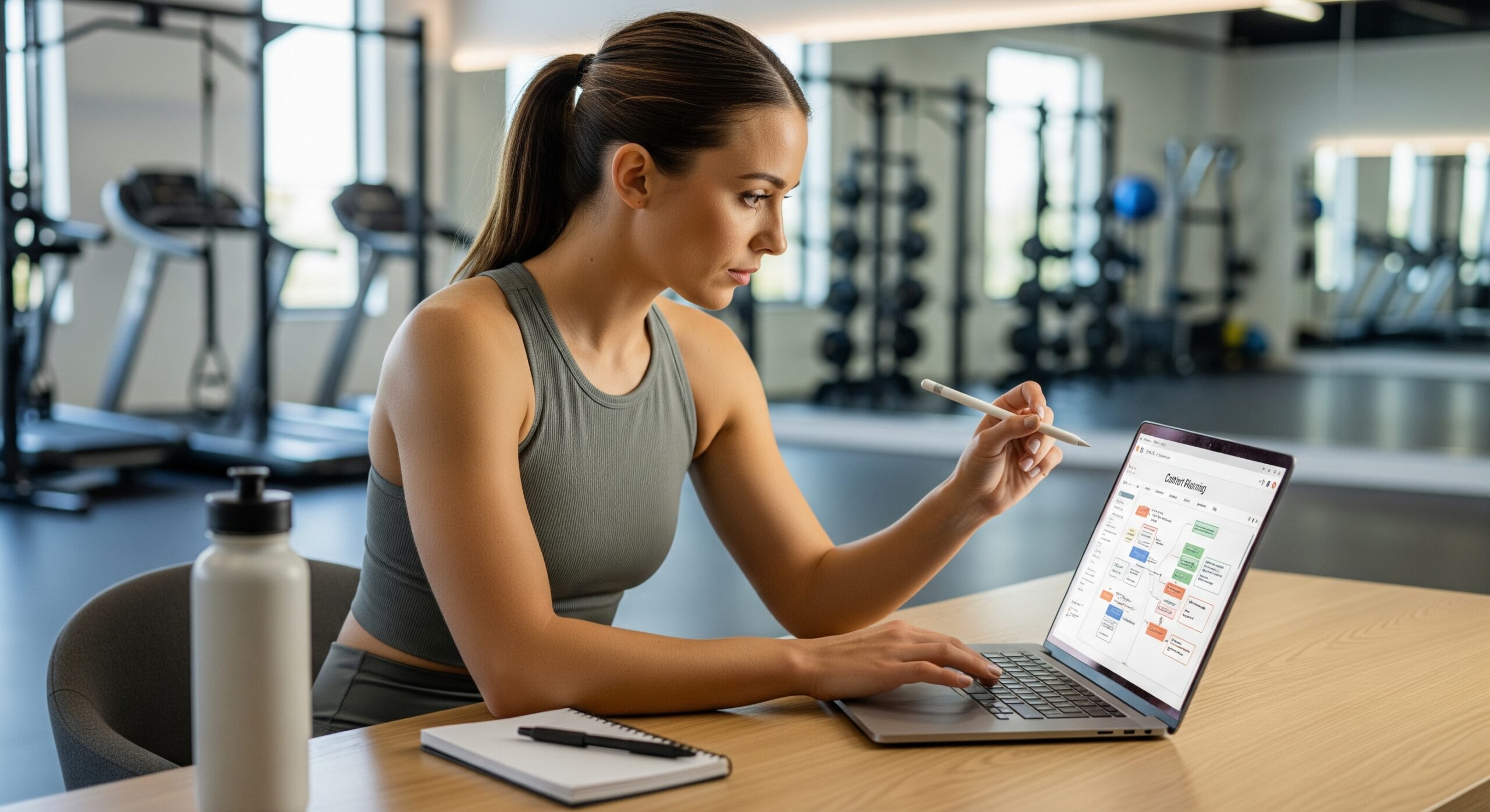 Trainer planning content on laptop in fitness studio