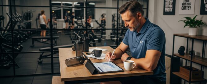 Gym owner reviewing operating costs on a tablet