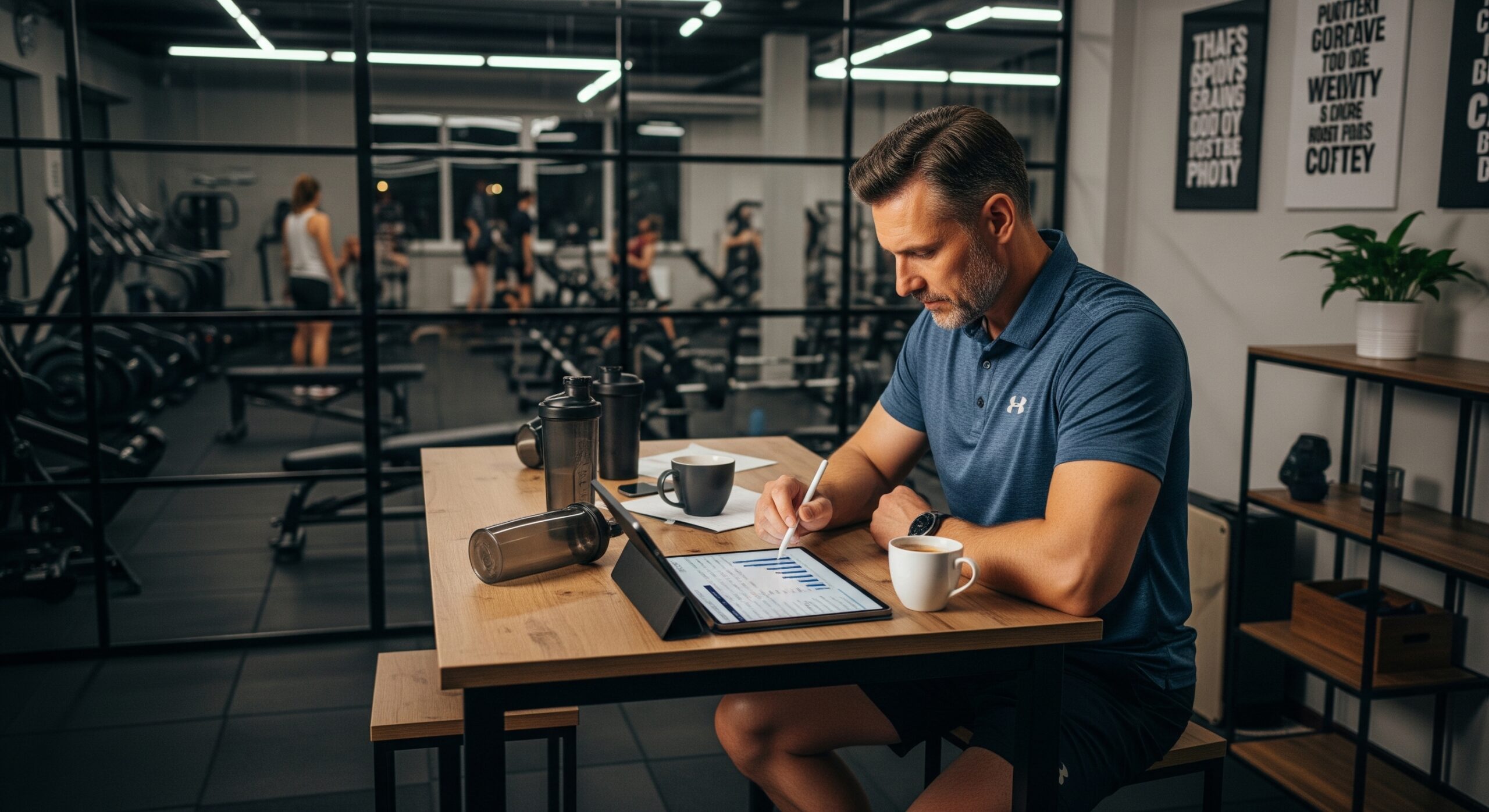 Gym owner reviewing operating costs on a tablet
