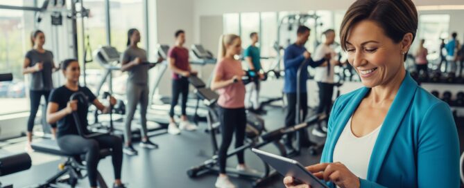A boutique gym owner using a tablet to check gym membership software while clients train in the background.