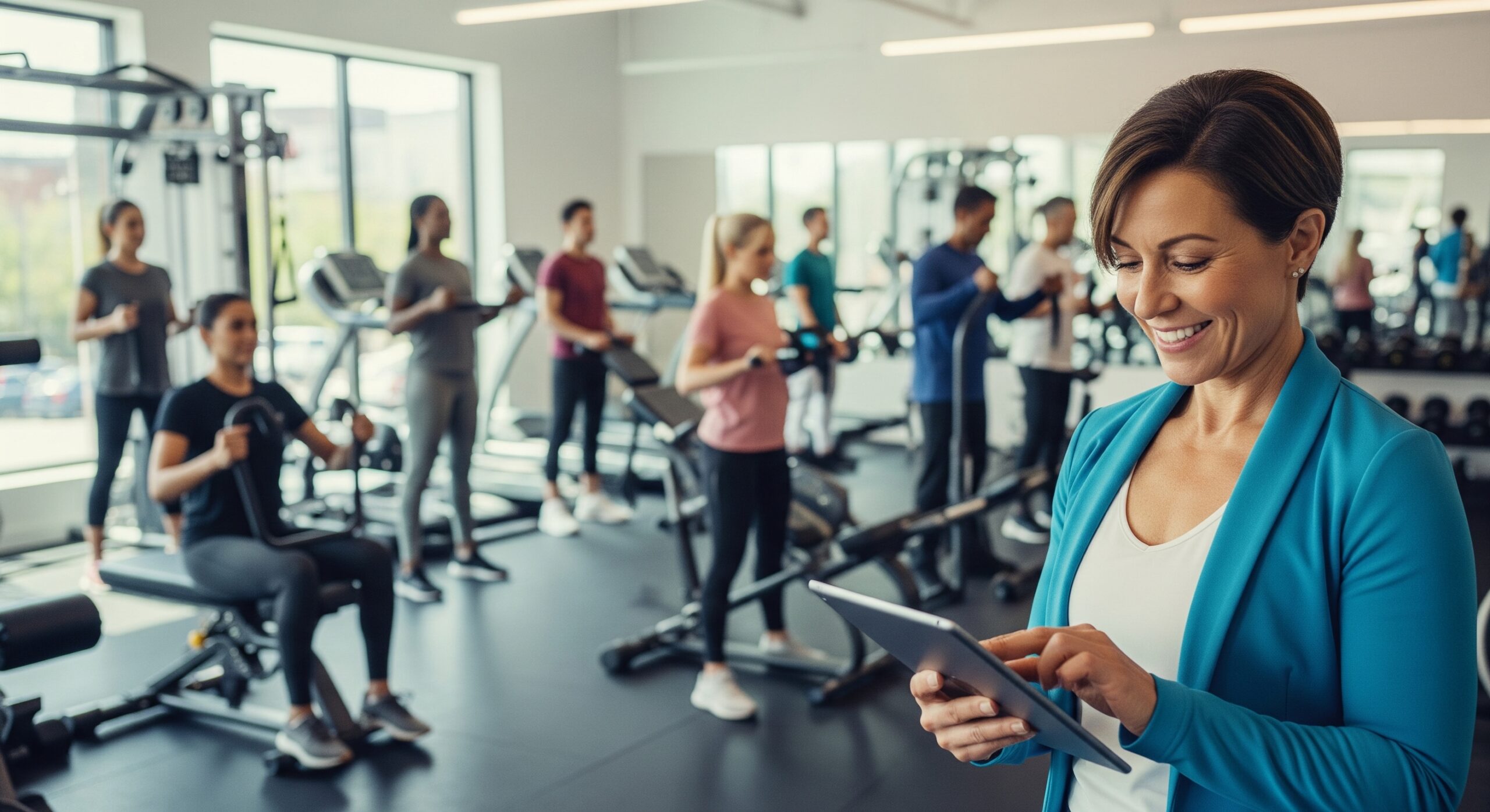 A boutique gym owner using a tablet to check gym membership software while clients train in the background.