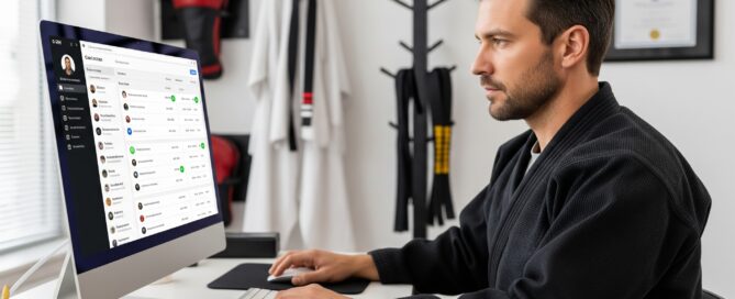 Martial arts instructor using CRM software to communicate with students