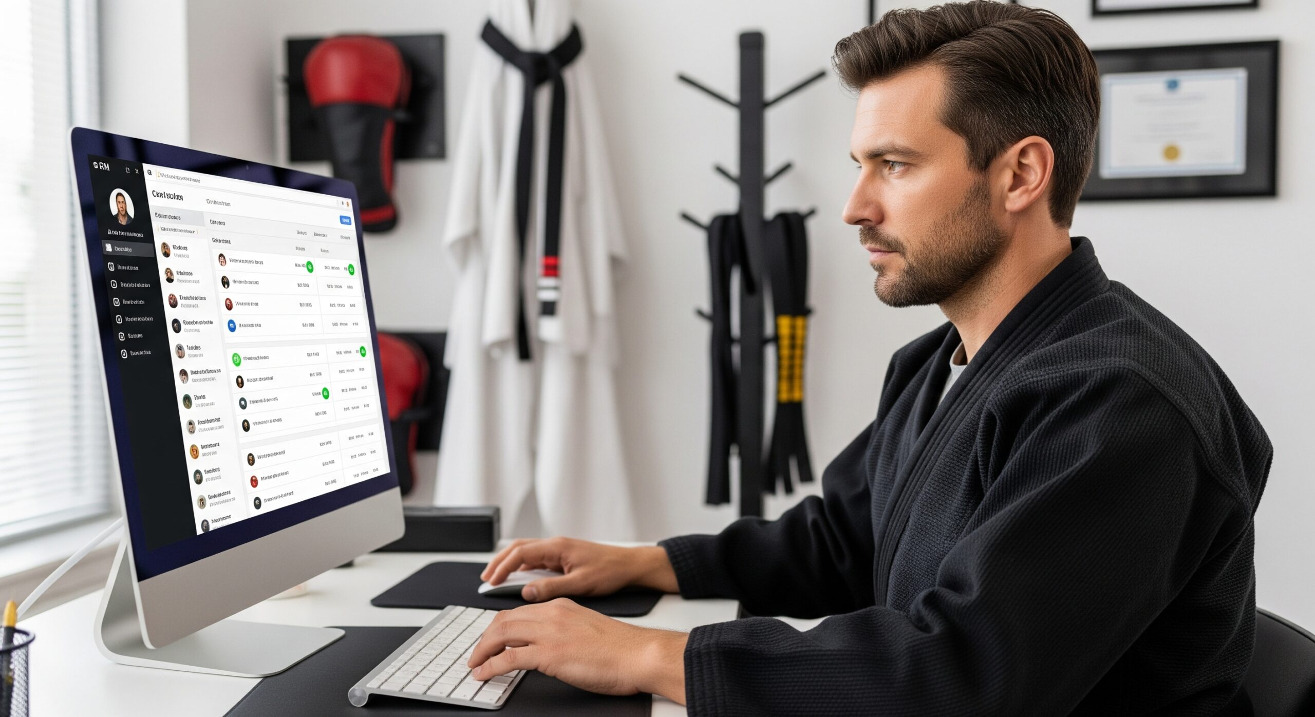 Martial arts instructor using CRM software to communicate with students