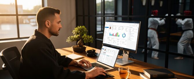Martial arts instructor using school management software in 2025